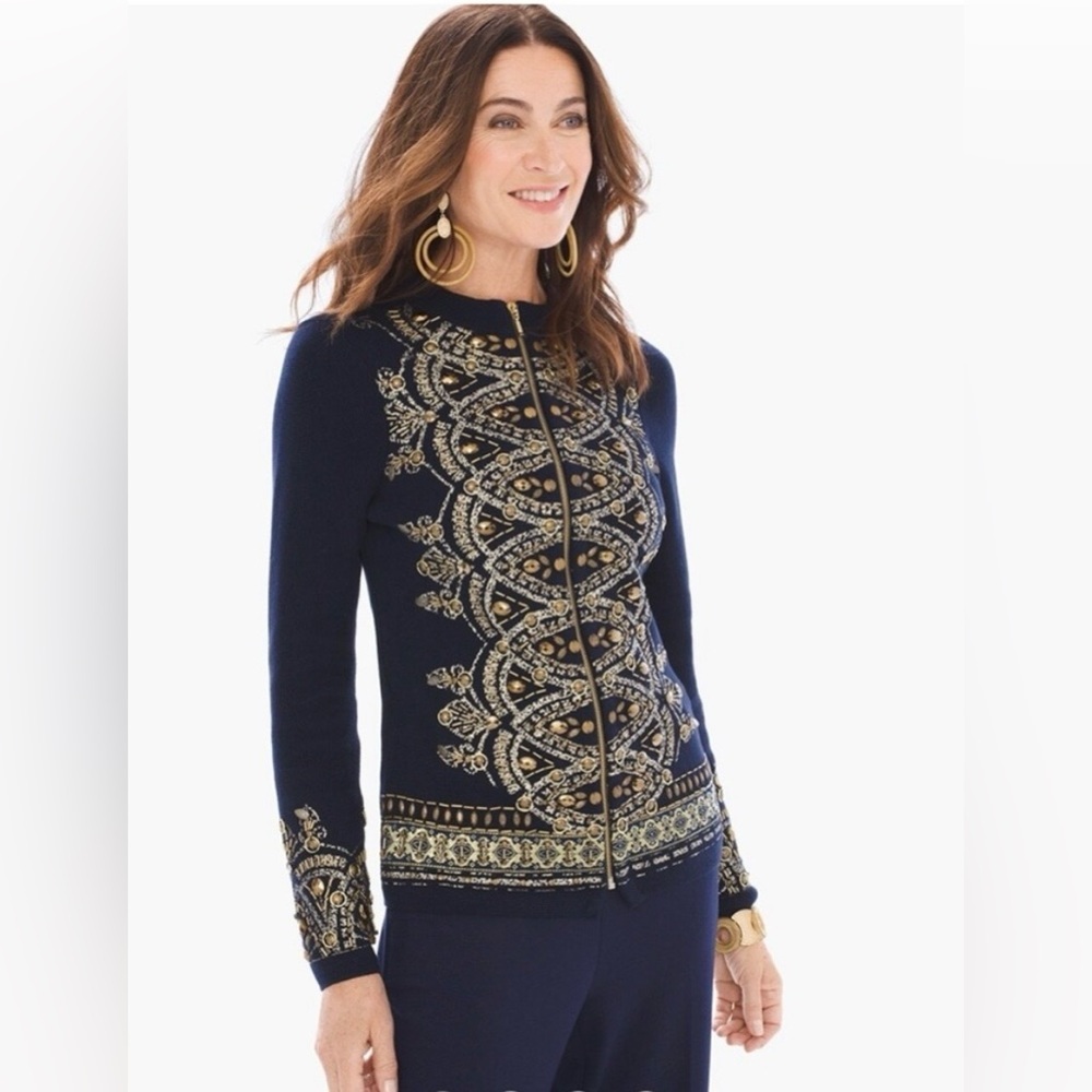 Chico’s Demetria Full Zip Embellished Navy and Gold Cardigan Sweater Size 3 XL